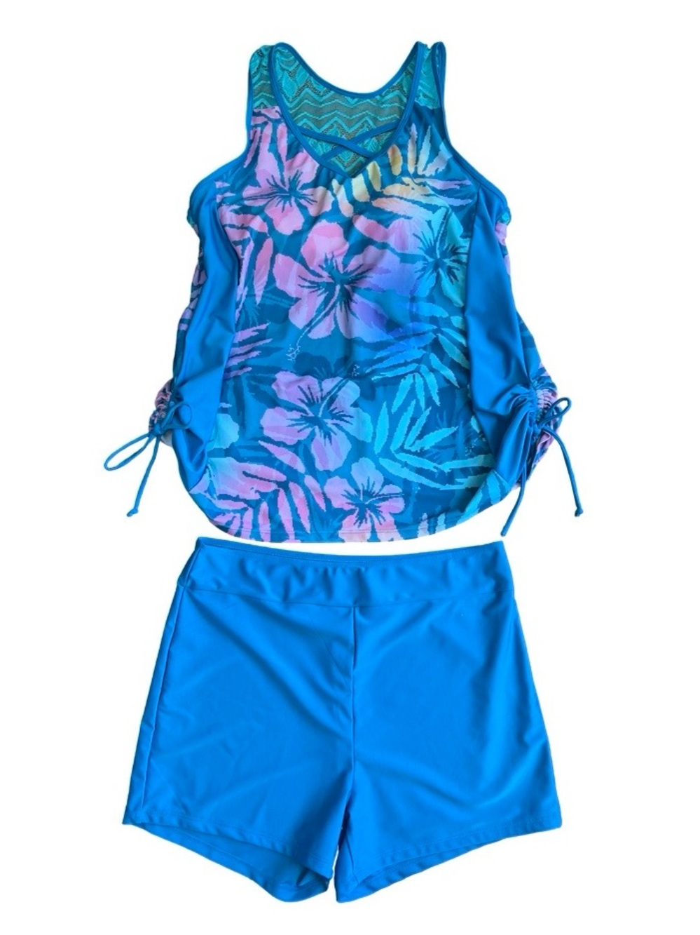 Aqua Turquoise Floral Tankini & 3” Shorts Set Womens SZ 2X